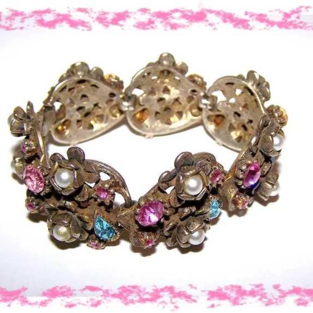 Coro Pastel Rhinestone Imitation Pearl Linked Brac
